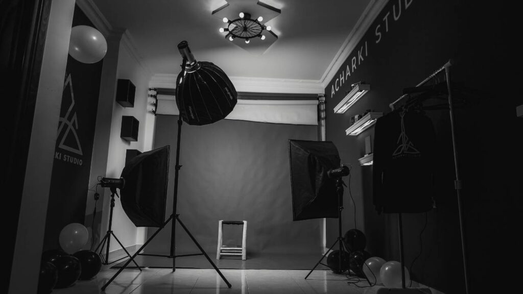 A black & white photo of a photography studio