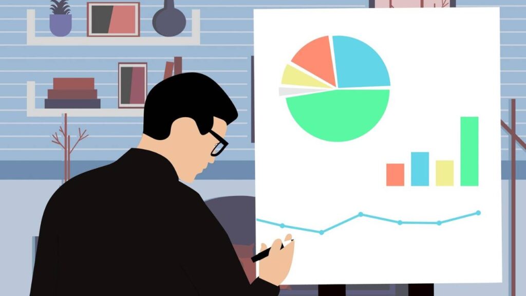 A graphic representation of a businessman looking at a pie chart