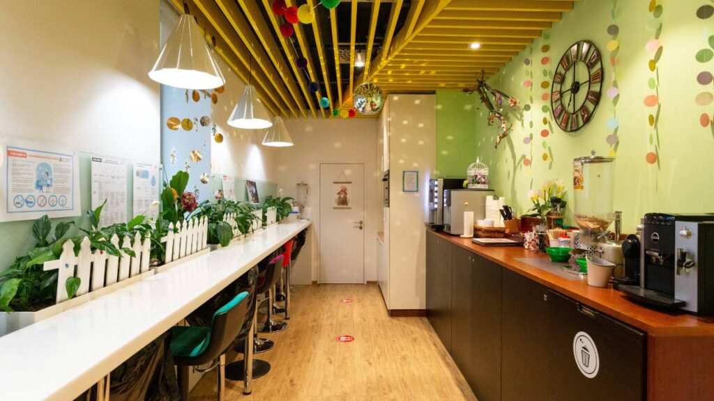 An office kitchen featuring vibrant colours, decorations, and plants 