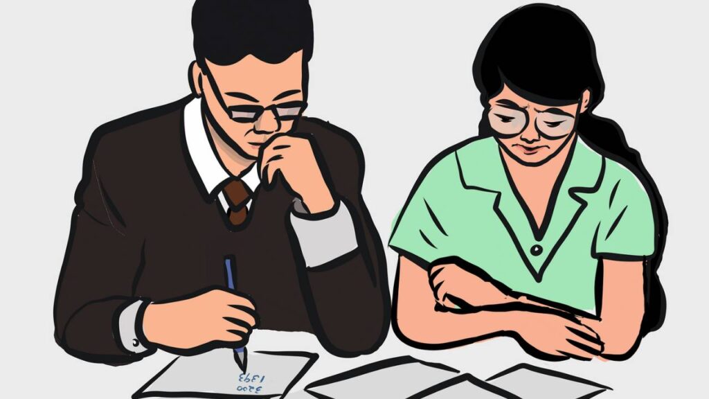 A man and a woman worrying over financial reports 