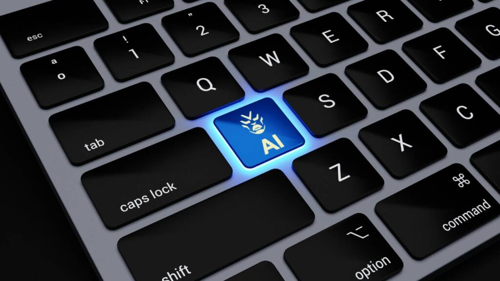 An abstract illustration depicting the "AI" button on a black laptop keyboard