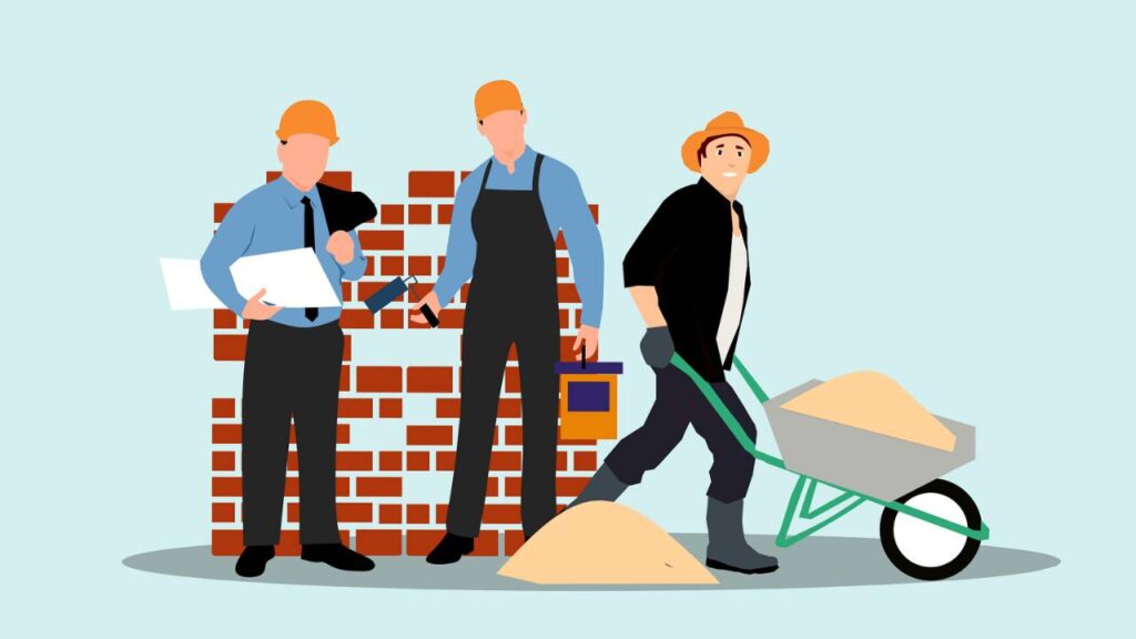 An abstract image depicting several workers in the construction industry