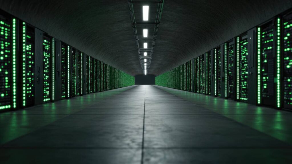 A large server room with green lights
