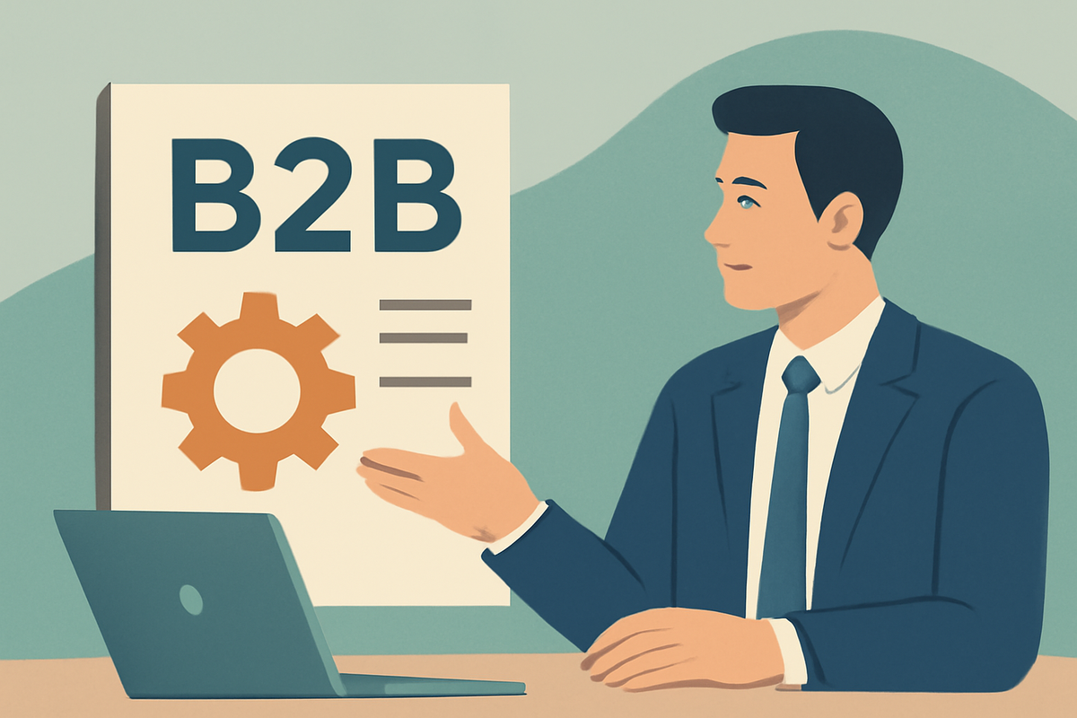 Editorial illustration of long-sales-cycle B2B content marketing, considered and patient register, muted professional palette